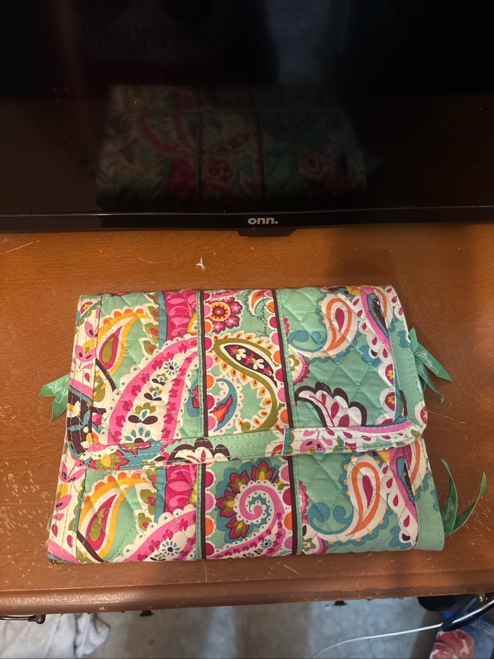Vera Bradley Quilted Paisley Fold-Over Clutch in Mint Green & Pink